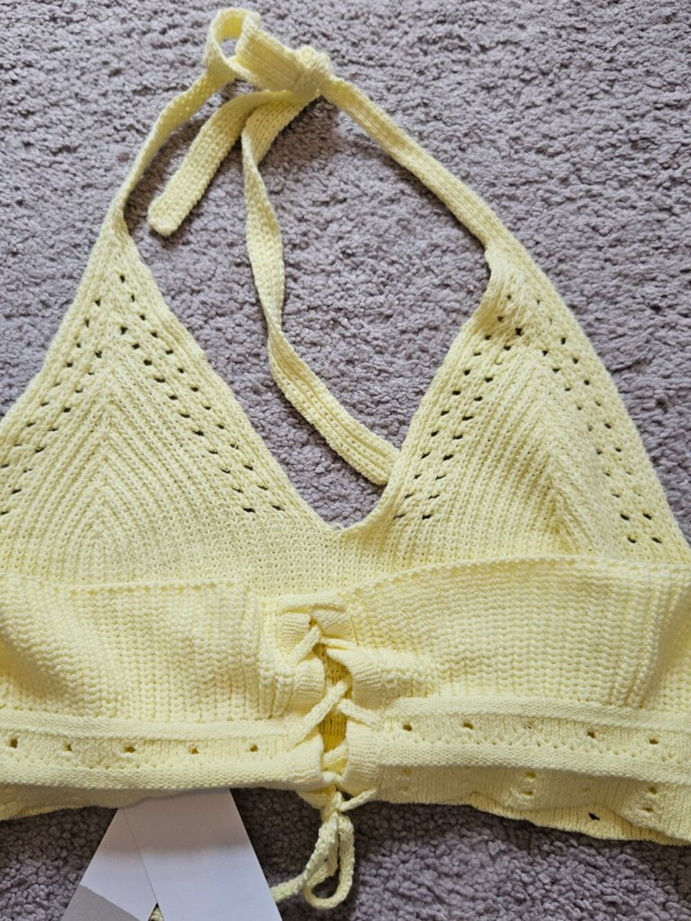 BP. Yellow Crochet Knit Halter Crop Top NWT — Tie Neck / Lace-Up Front - Picture 2 of 3